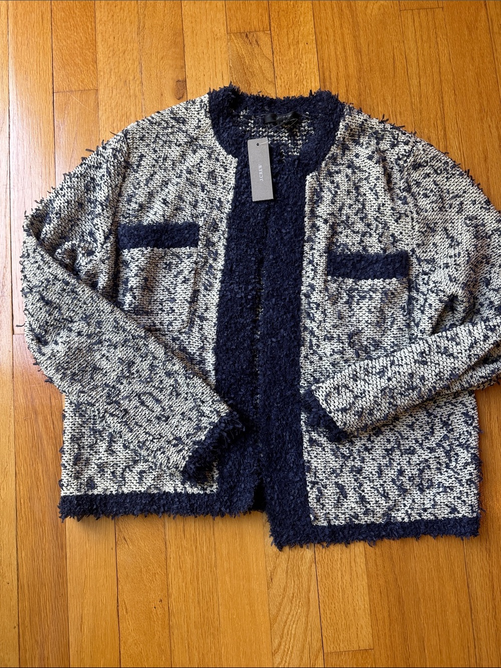 Jcrew cropped Bouclé Open-Front Jacket in Navy and Cream